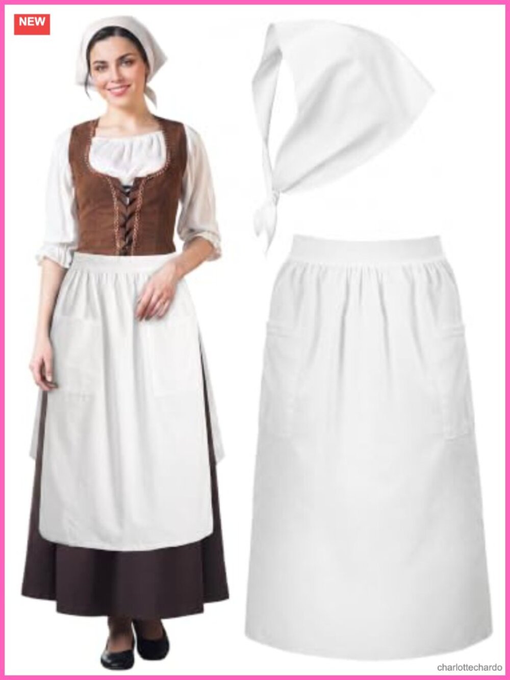 Colonial Costume Set Bonnet & Apron Polyester Women Historical Halloween